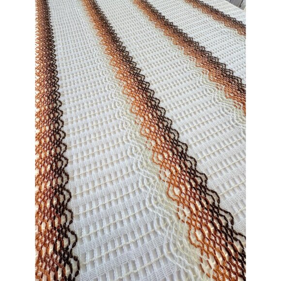 Vintage 70s mesh curtain, tan, rust, brown wavy stripes, pleated, per panel - Picture 6 of 10